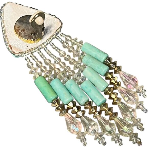 Single Vintage Turquoise Triangle Statement Earring Crystal Fringe - Picture 2 of 11